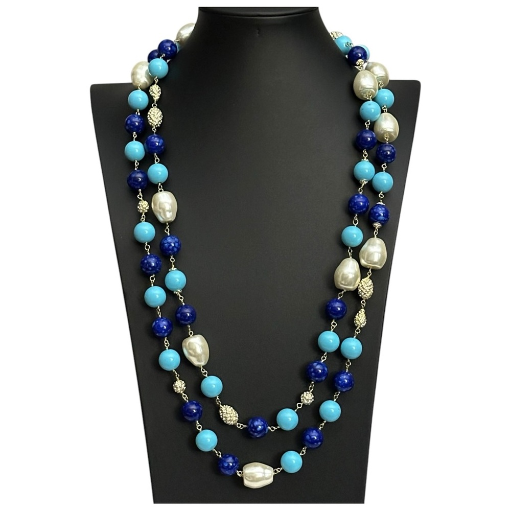 Joan Boyce Rosary Link Style Necklace Single Stand Blue, Faux Pearls Rhinestones